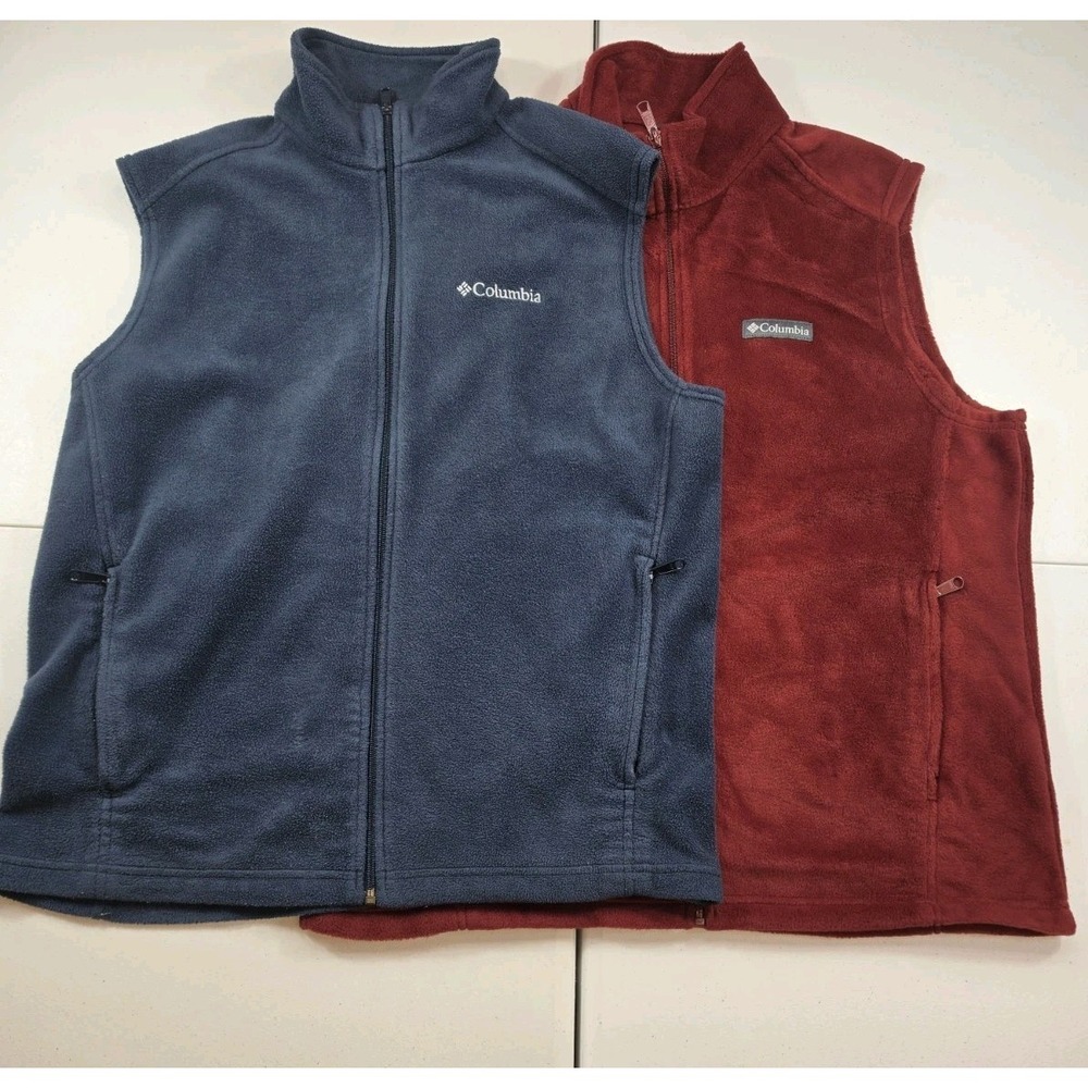 2 Columbia Men's Full Zip Fleece Vest Stand-Up Collar L Navy And Burgundy